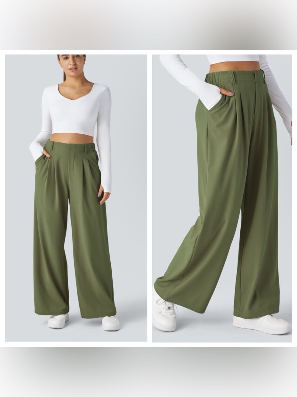NWT Halara Flex High Waisted Pocket Wide Leg Waffle Work Pants Londen Green
